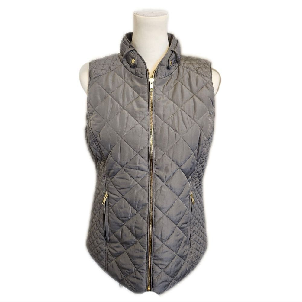 5/$55 Crown & Ivy gray poly-filled puffer vest - gold accents - lined in navy- S